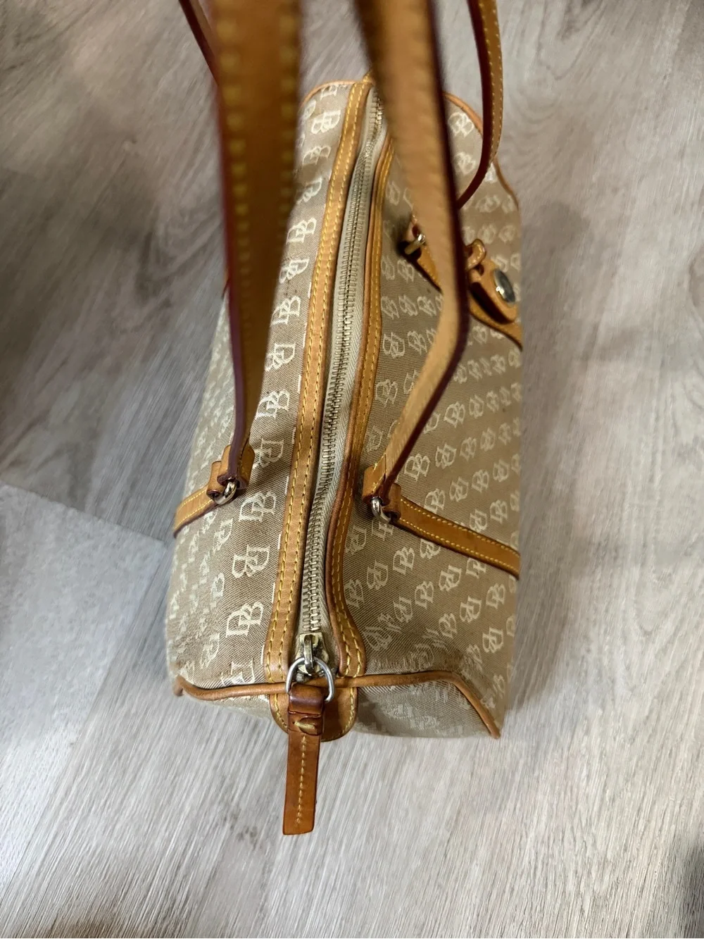Dooney & Bourke Beige Monogram Shoulder Bag with Tan Leather Trim